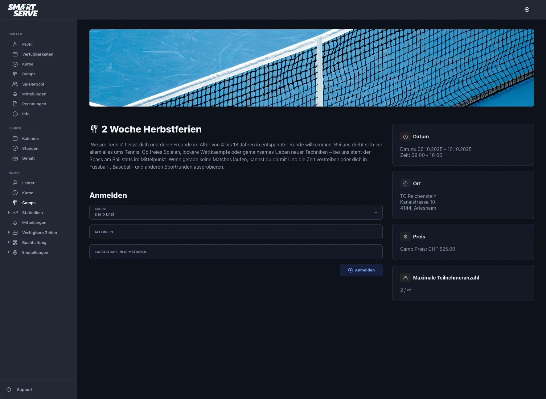 Smart Serve Tennisschule Software Dashboard - Verwaltungssoftware für Tennisschulen