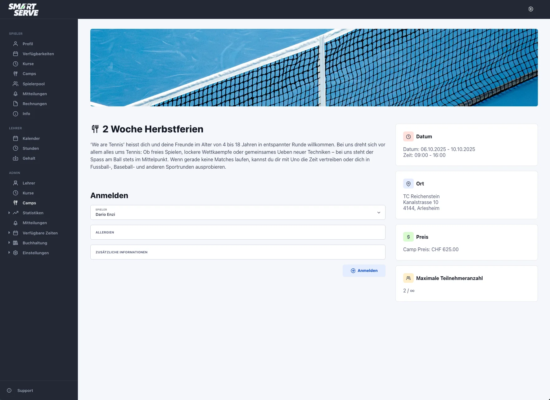 Smart Serve Tennisschule Software Dashboard - Kursverwaltung und Admin-Tools für Tennisschulen in der Schweiz